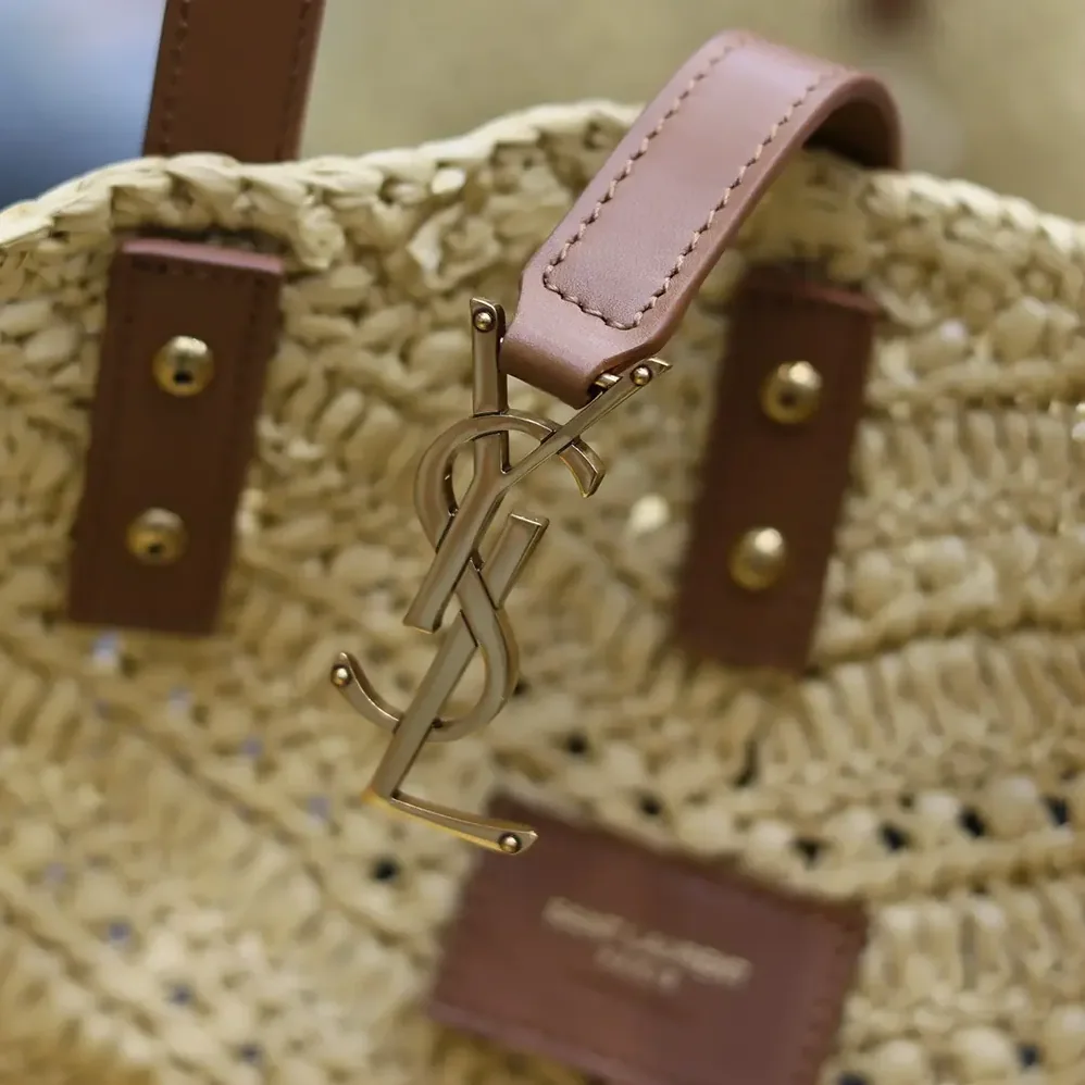 Saint Laurent YSL Panier Small in Raffia and Vegetable for Women in tanned Leather