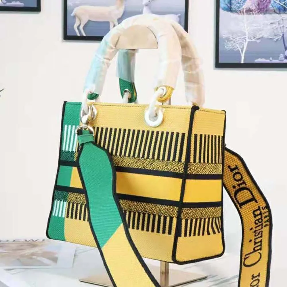 Dior Medium Lady D-lite Bag Bright Yellow and Green D for Women in Flower Pop Embroidery Dior Medium Lady D-lite Bag Bright Yellow and Green D for Women in Flower Pop Embroidery