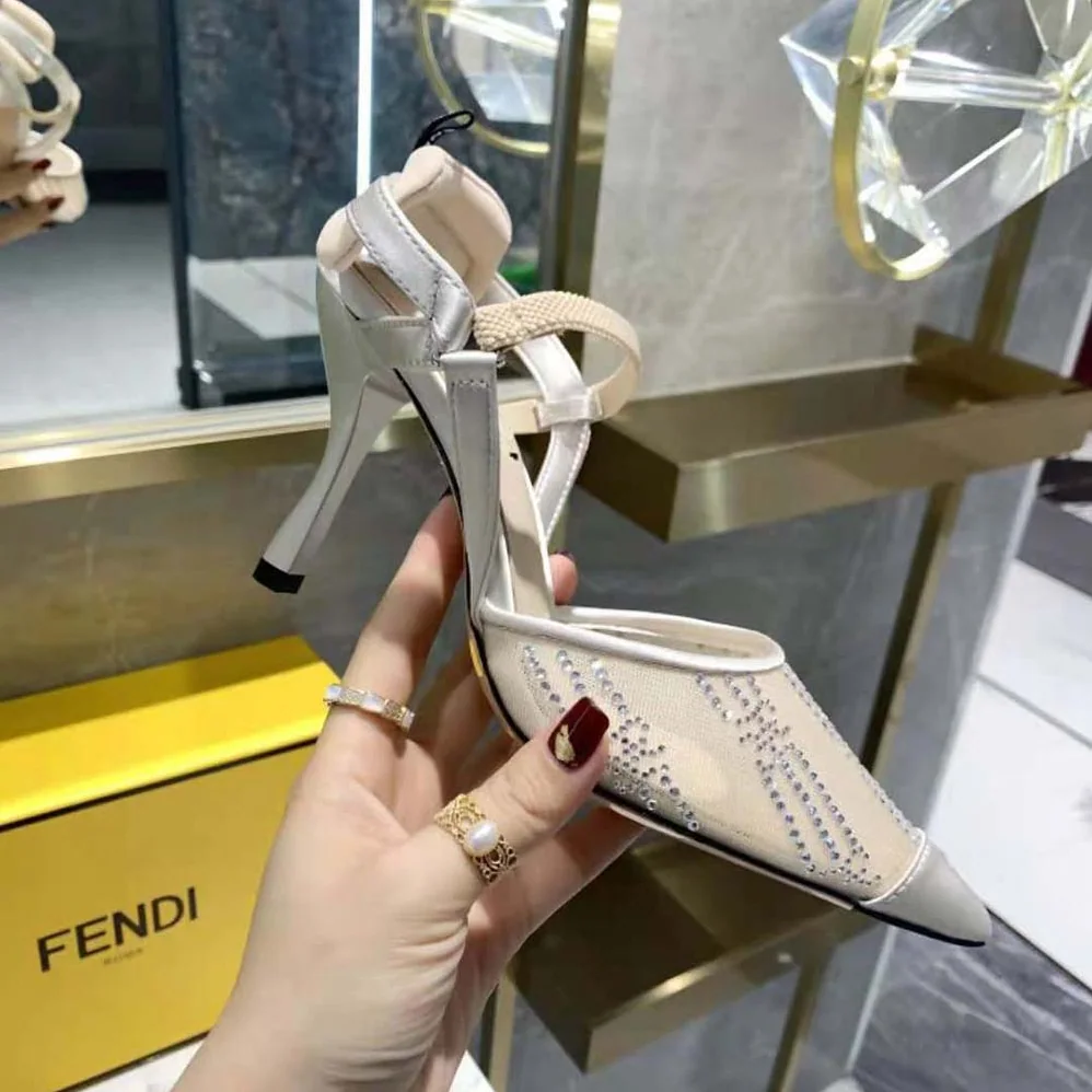 Fendi Colibri Pink Mesh High-Heeled Slingbacks with Rhinestone Embroidery for Women Fendi Colibri Pink Mesh High-Heeled Slingbacks with Rhinestone Embroidery for Women