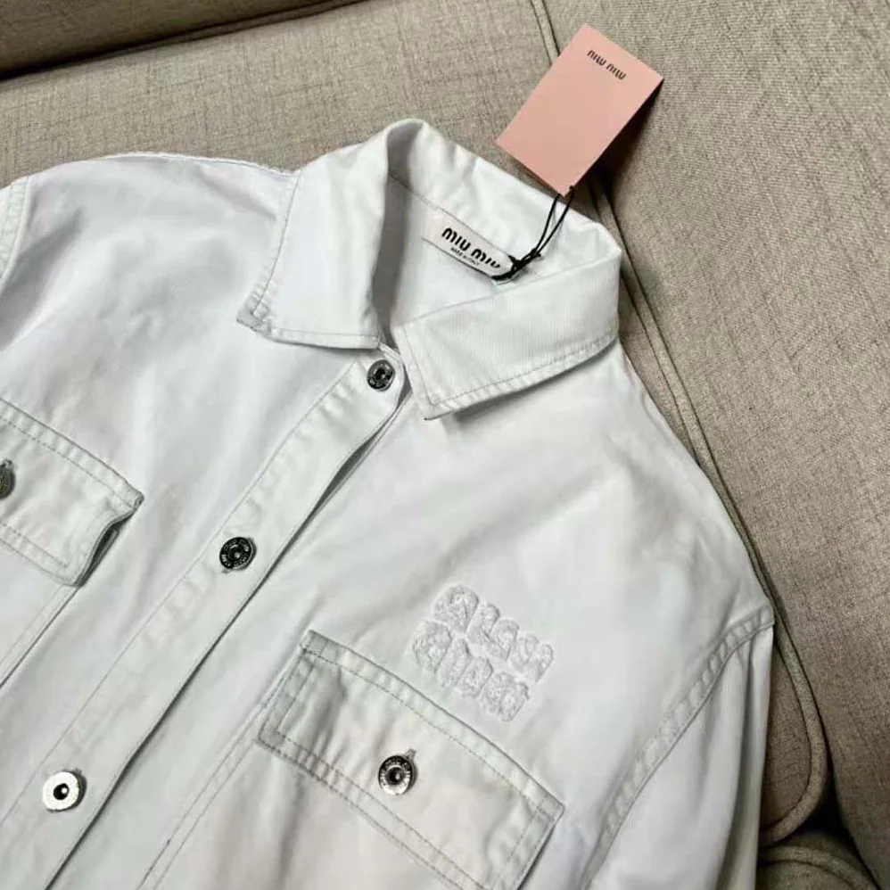 Miu Miu Denim Blouson Jacket with Embroidered Logo for Women Miu Miu Denim Blouson Jacket with Embroidered Logo for Women