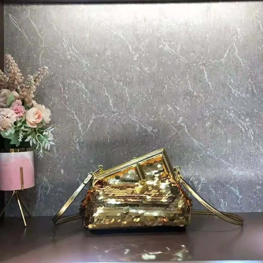 Fendi First Small Gold-colored Leather and Sequinned Bag for Women