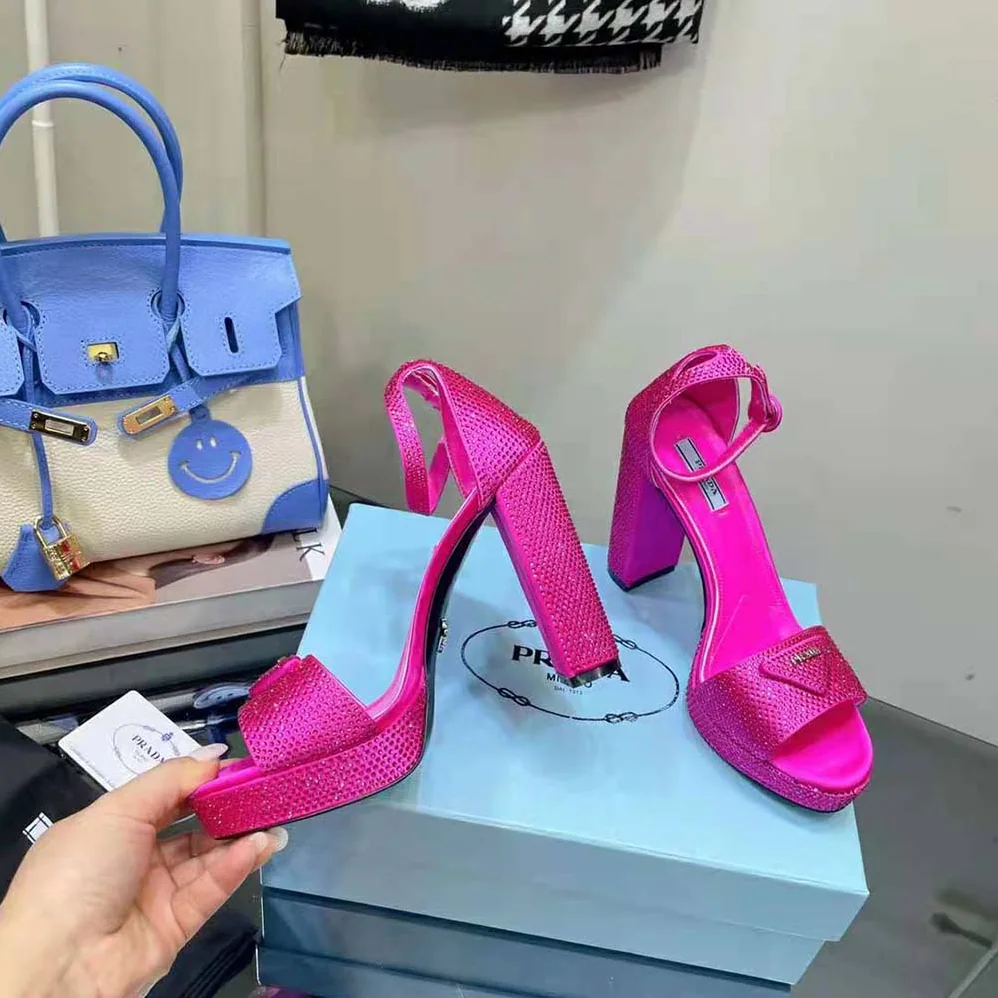 Prada Satin Platform Sandals with Crystals for Women in Pink