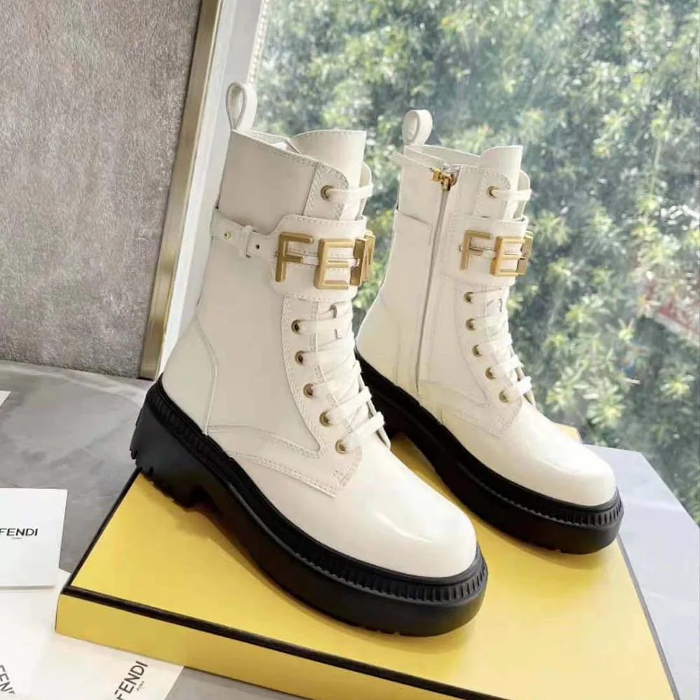 Fendi Fendigraphy White Leather Biker Boots for Women Fendi Fendigraphy White Leather Biker Boots for Women