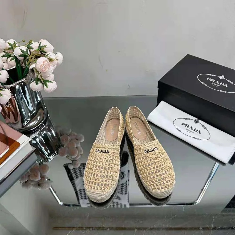 Prada Crochet Espadrilles with Embroidered Logo for Women in Beige