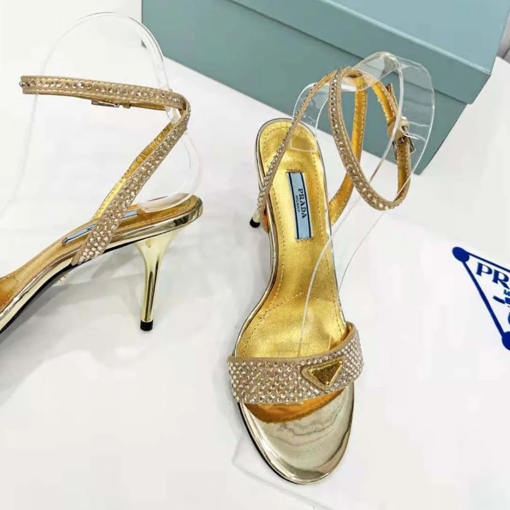 Prada Satin Sandals with Crystals for Women in Gold
