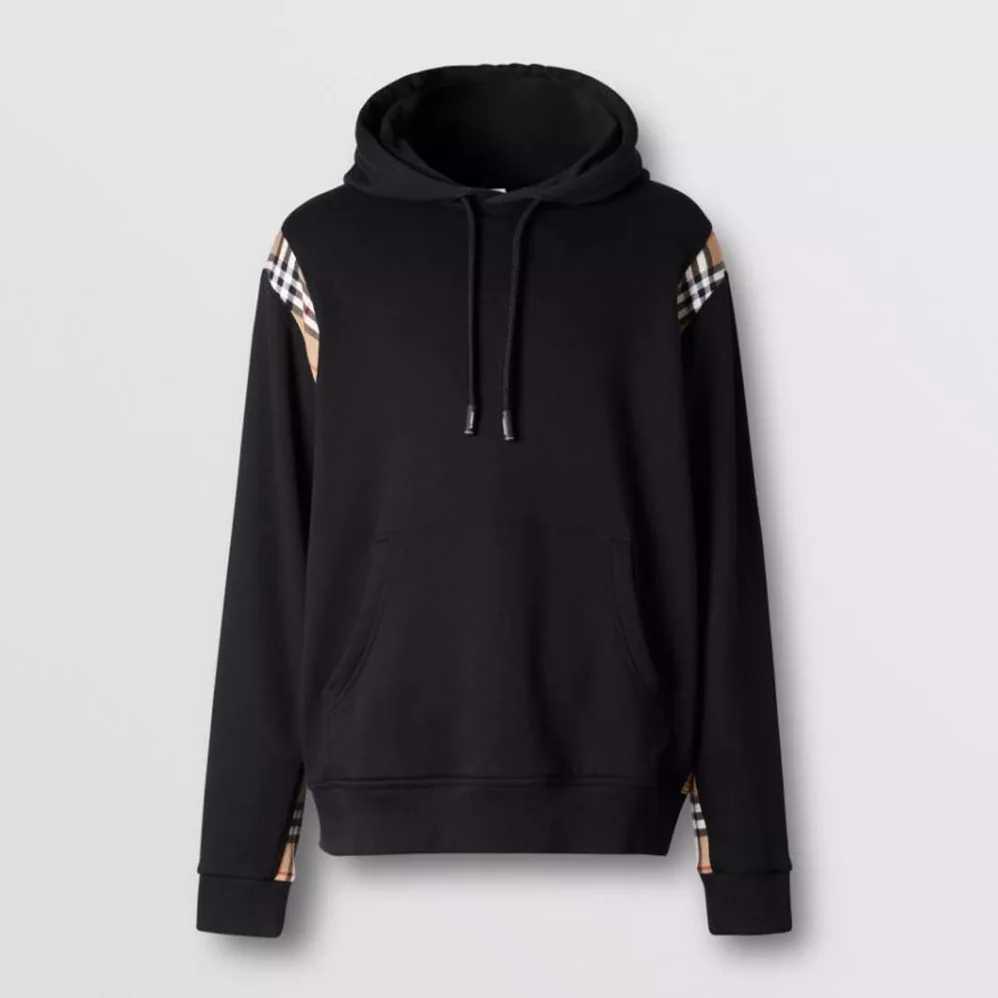 Burberry Vintage Check Panel Cotton Hoodie for Women in Black