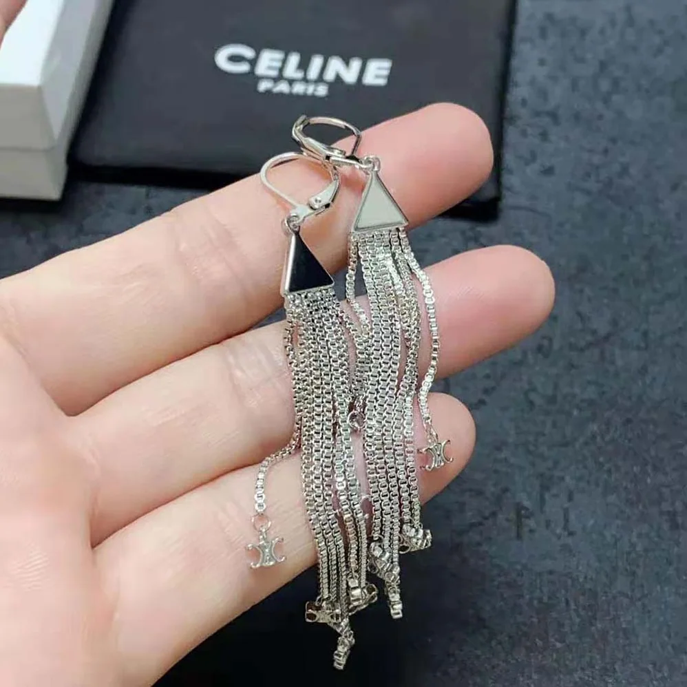 Celine Triomphe Folk Fringe Earrings in Brass with Rhodium Finish for Women Celine Triomphe Folk Fringe Earrings in Brass with Rhodium Finish for Women