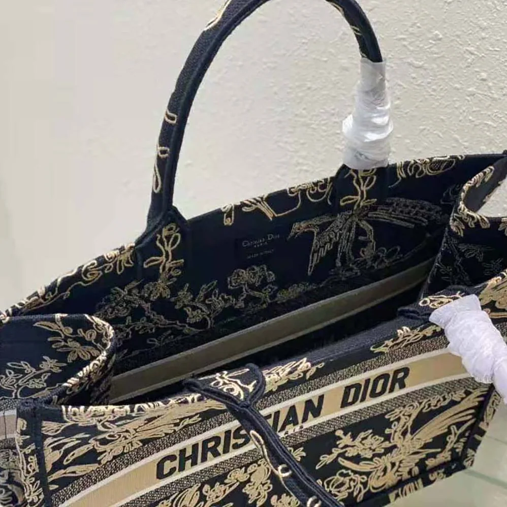 Dior Large Dior Book Tote Black Dior Jardin D'Hiver Embroidered Cotton with Velvet and Metallic Thread for Women