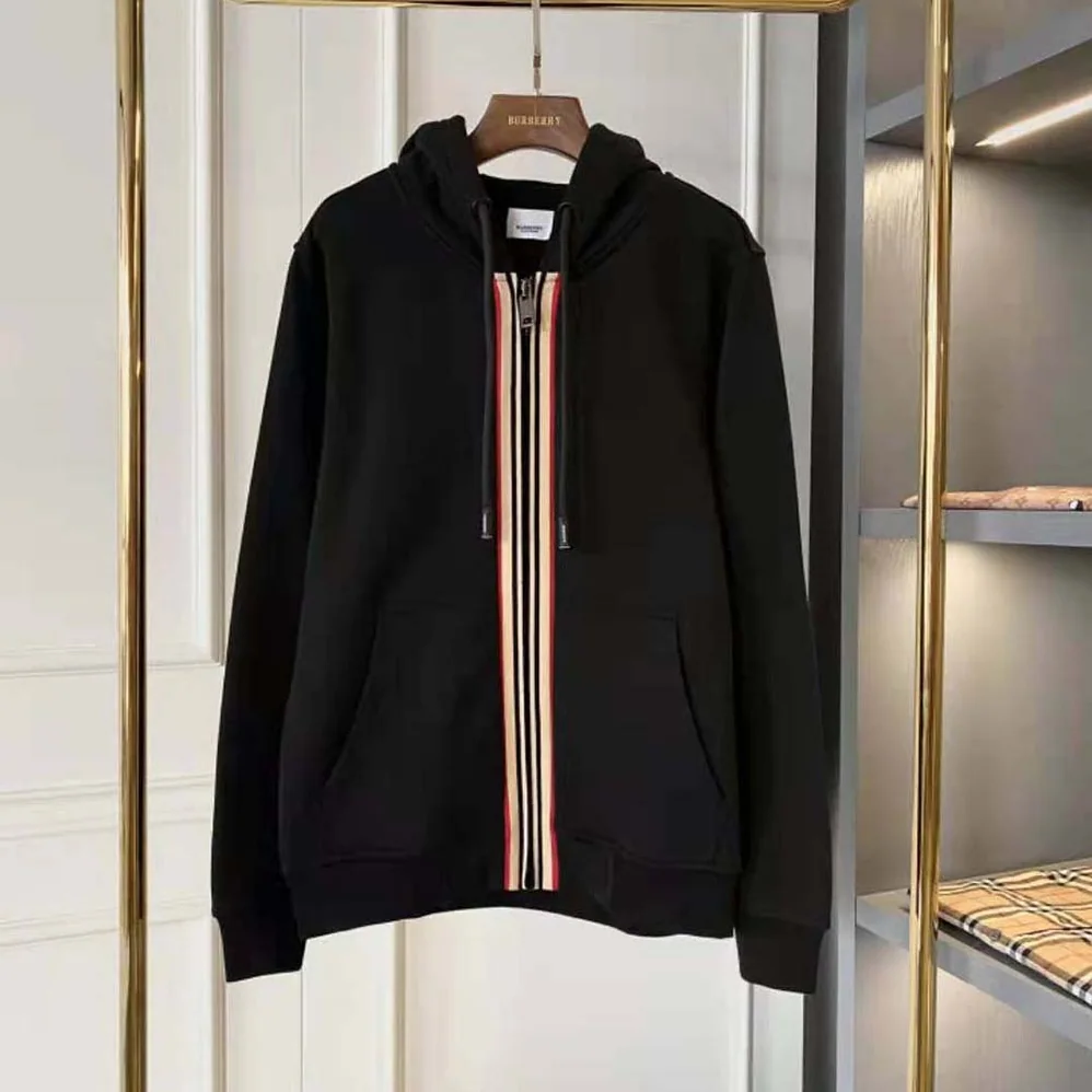 Burberry Icon Stripe Detail Cotton Hooded Top for Men in Black