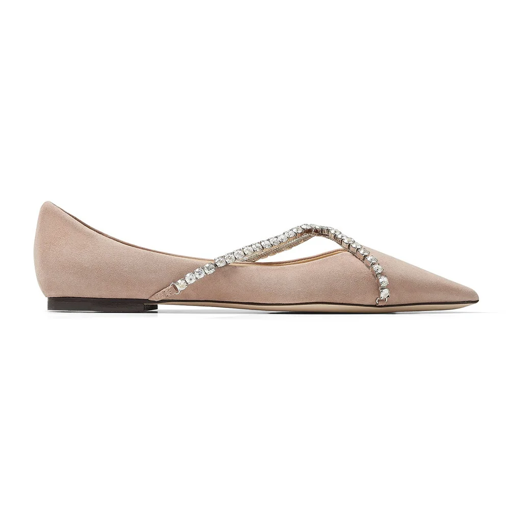 Jimmy Choo Genevi Flat Ballet Pink Pointed-Toe Flats with Crystal Chain for Women