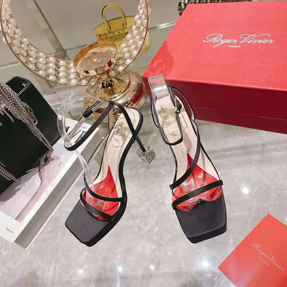 Roger Vivier Cube Strass Heel Sandals in Satin for Women in Black Roger Vivier Cube Strass Heel Sandals in Satin for Women in Black