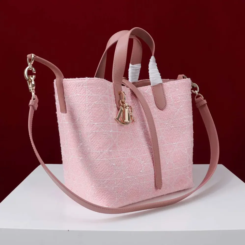 Dior Medium Dior Toujours Vertical Tote Bag Pink Tweed with White Cannage Motif for Women