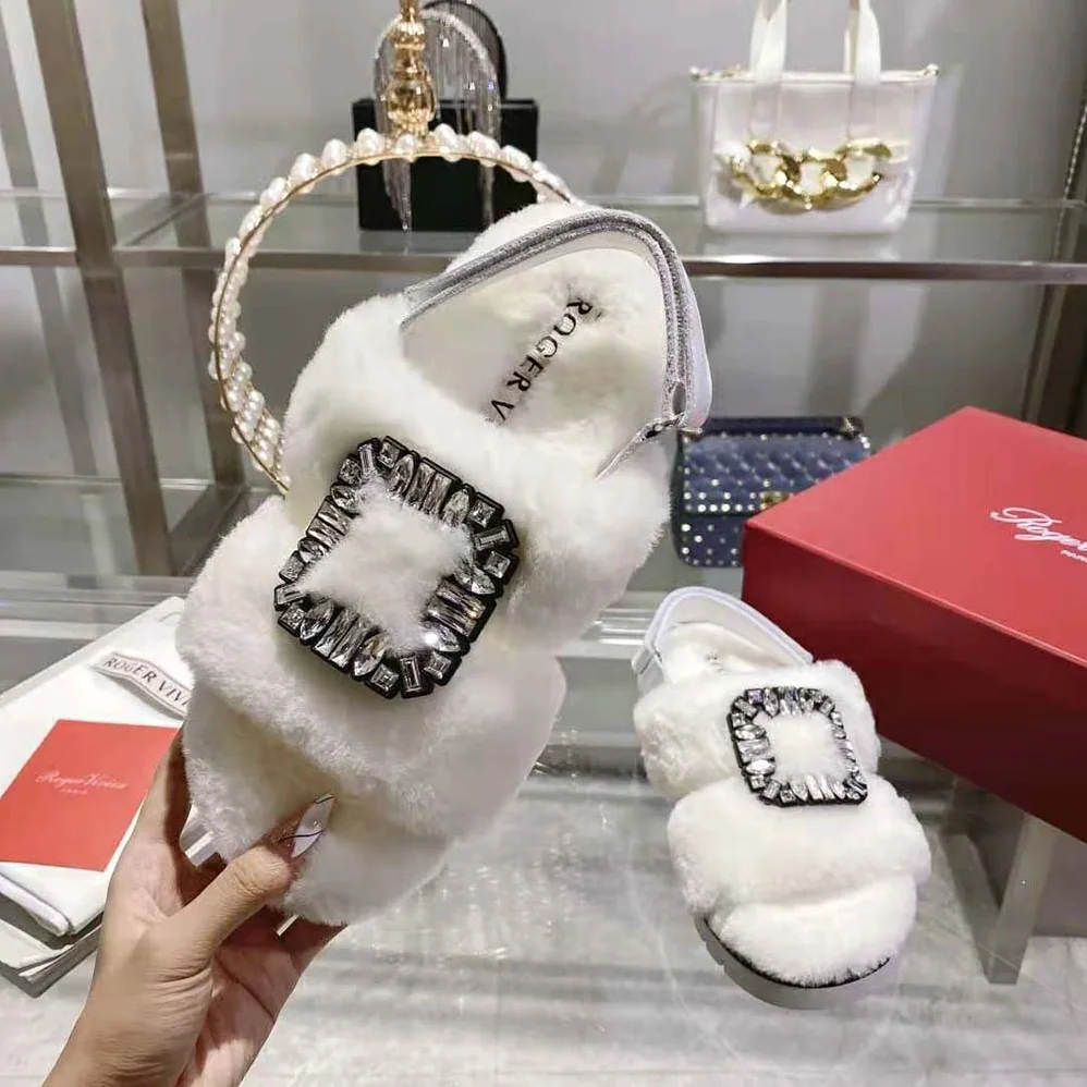 Roger Vivier Viv' Winter Fur Strass Buckle Sandals in Sheepskin for Women in White