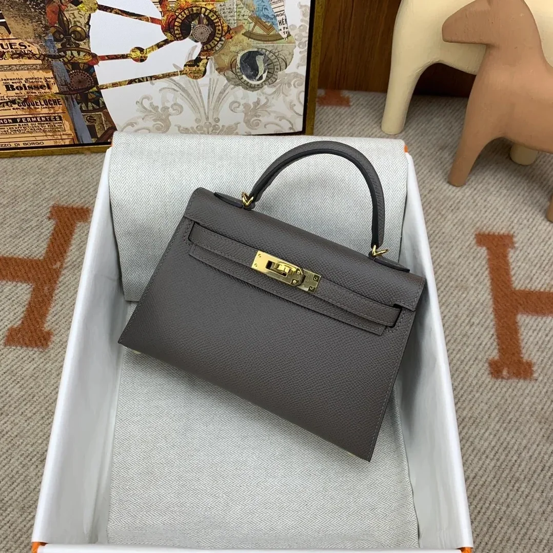 Hermes Kelly Mini Top Handle Bag / Dark Grey Epsom Gold Hardware