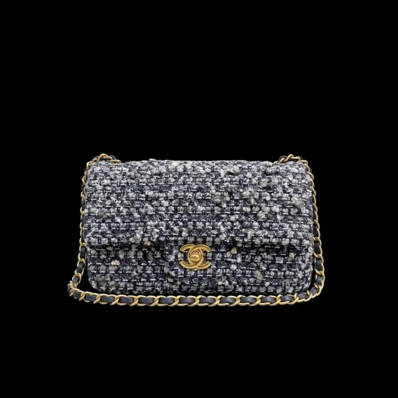 Chanel Tweed Flap Bag Mini Crossbody in Dark Blue Gold Hardware Chanel Tweed Flap Bag Mini Crossbody in Dark Blue Gold Hardware