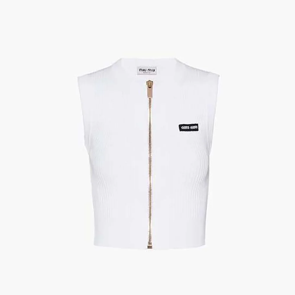 Miu Miu Viscose Knit Top with Knit Logo Patch for Women