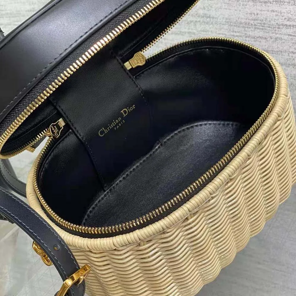 Dior Medium CD Signature Vanity Case Natural Wicker and Black Calfskin for Women