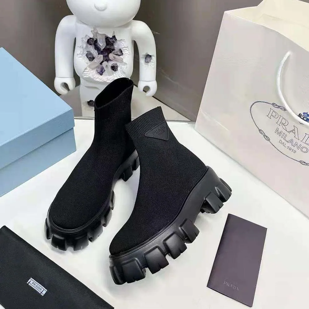 Prada Monolith Knit Booties with Embossed Rubber Triangle Logo for Women Prada Monolith Knit Booties with Embossed Rubber Triangle Logo for Women