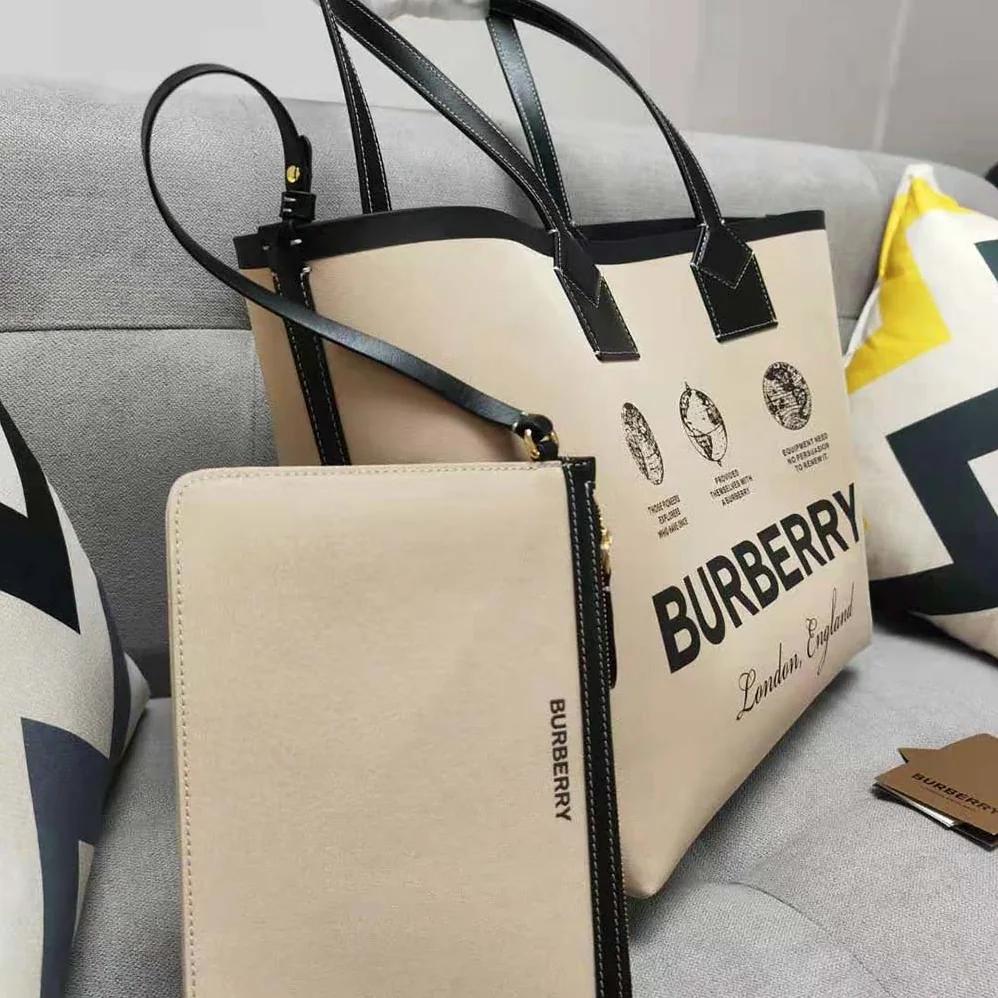 Burberry Label Print Cotton Medium London Tote Bag for Women