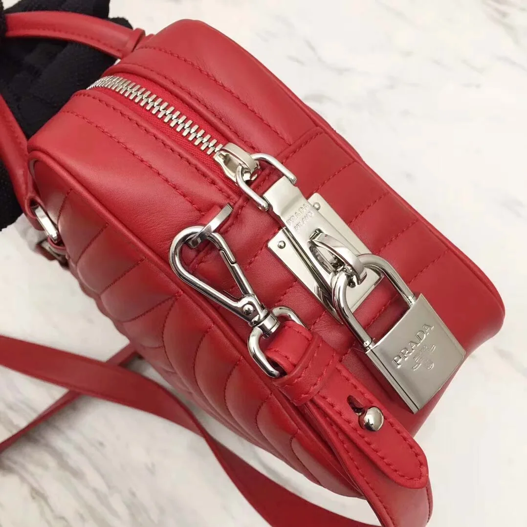 Prada Diagramme Big Leather Handbag with Top Handle in Red