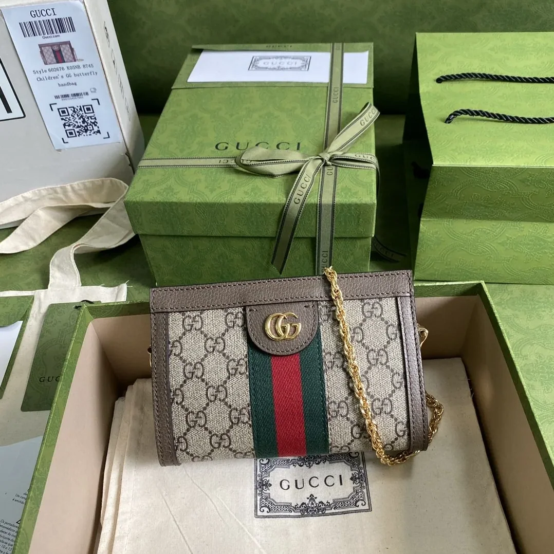 Gucci Ophidia Mini Shoulder Bag / Beige Ebony GG Supreme Canvas Gold Hardware