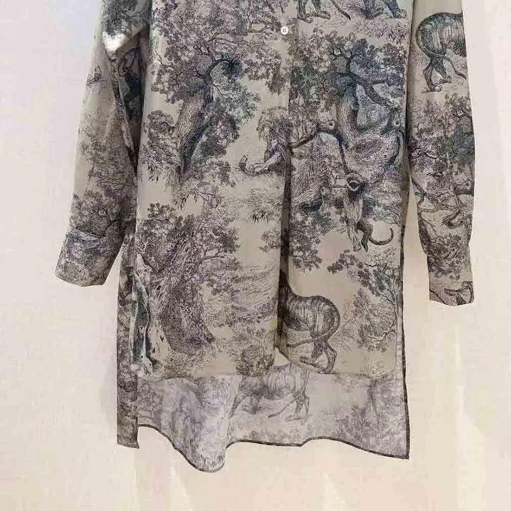 Dior Long Blouse Hazelnut Cotton Voile with Toile De Jouy Motif for Women