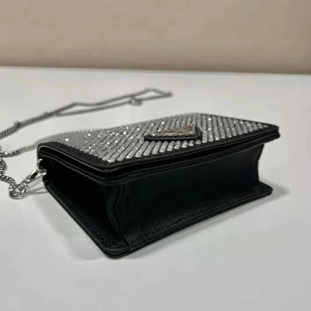 Prada Crystal-Studded Card Holder with Shoulder Strap for Women in Black