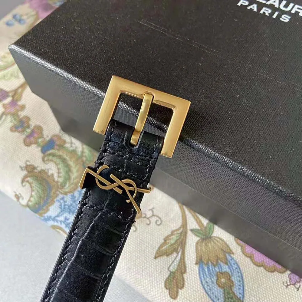 Saint Laurent YSL Monogram Narrow Belt with Square Buckle in Crocodile Embossed Leather for Women