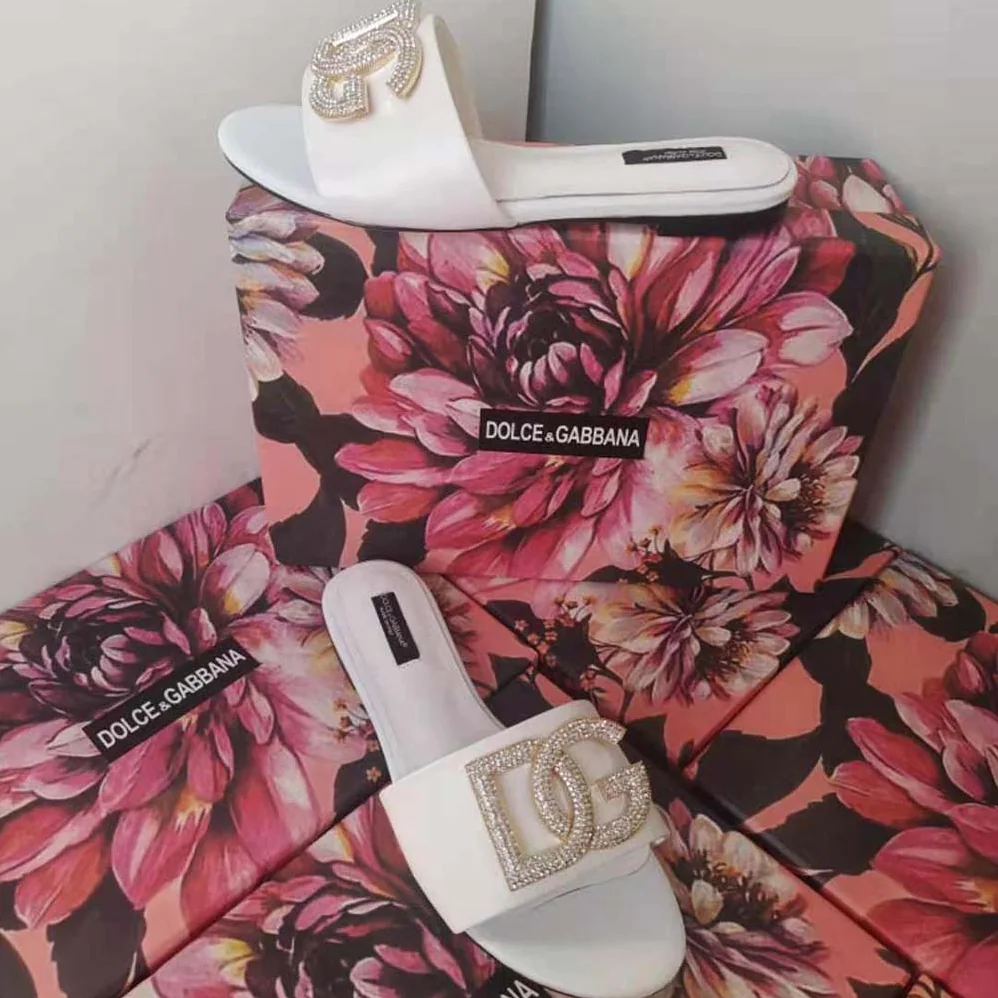 Dolce Gabbana D&G Calfskin Slides with DG Logo for Women in White