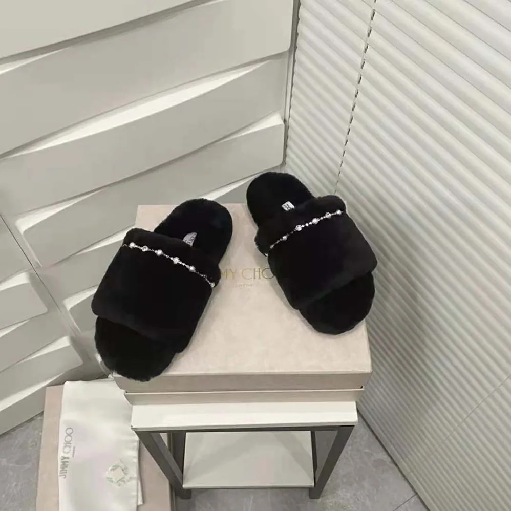 Jimmy Choo Acinda Slipper Black Shearling Slippers with Crystal and Pearl Detailing for Women