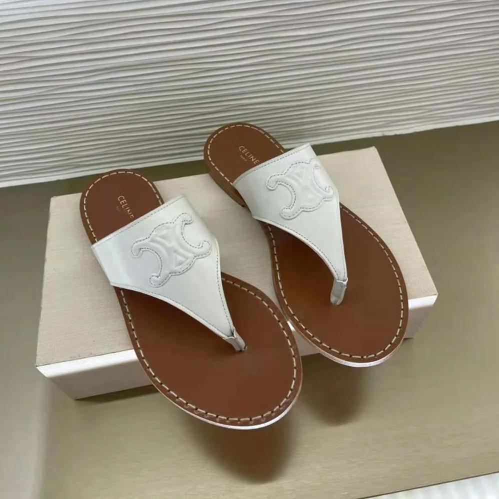 Celine Triomphe Flat Thong in Calfskin for Women in White Celine Triomphe Flat Thong in Calfskin for Women in White