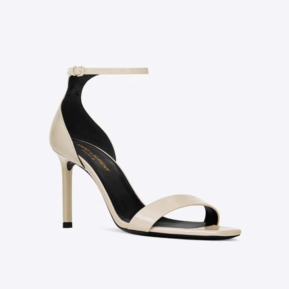 Saint Laurent YSL Amber Sandals Patent Leather 8.5cm Heel for Women in Beige