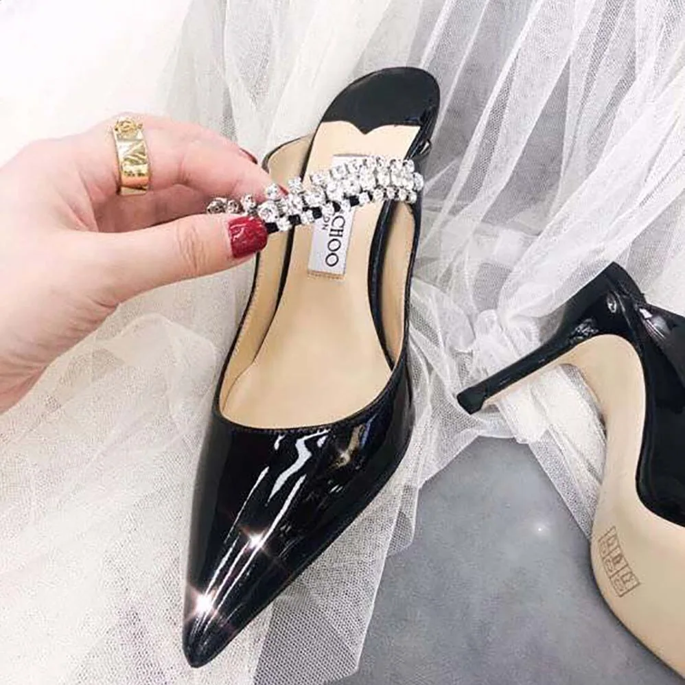 Jimmy Choo Shoes Bing 65 Black Patent Leather Mules with Crystal Strap for Women Jimmy Choo Shoes Bing 65 Black Patent Leather Mules with Crystal Strap for Women