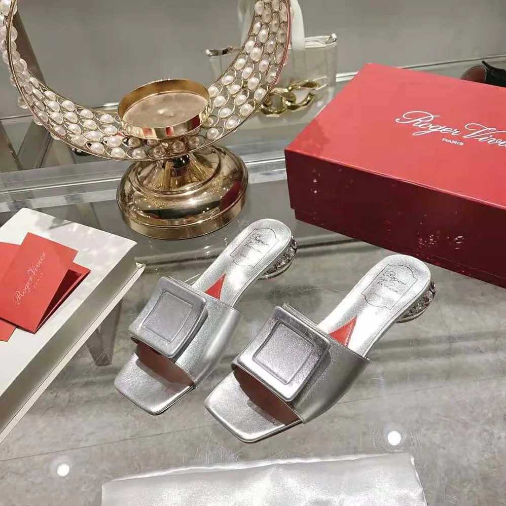 Roger Vivier Strass Heel Covered Buckle Mules in Satin for Women in Silver