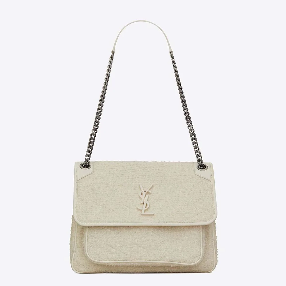 Saint Laurent YSL Niki Medium in Boucle Tweed and Smooth Leather for Women in White