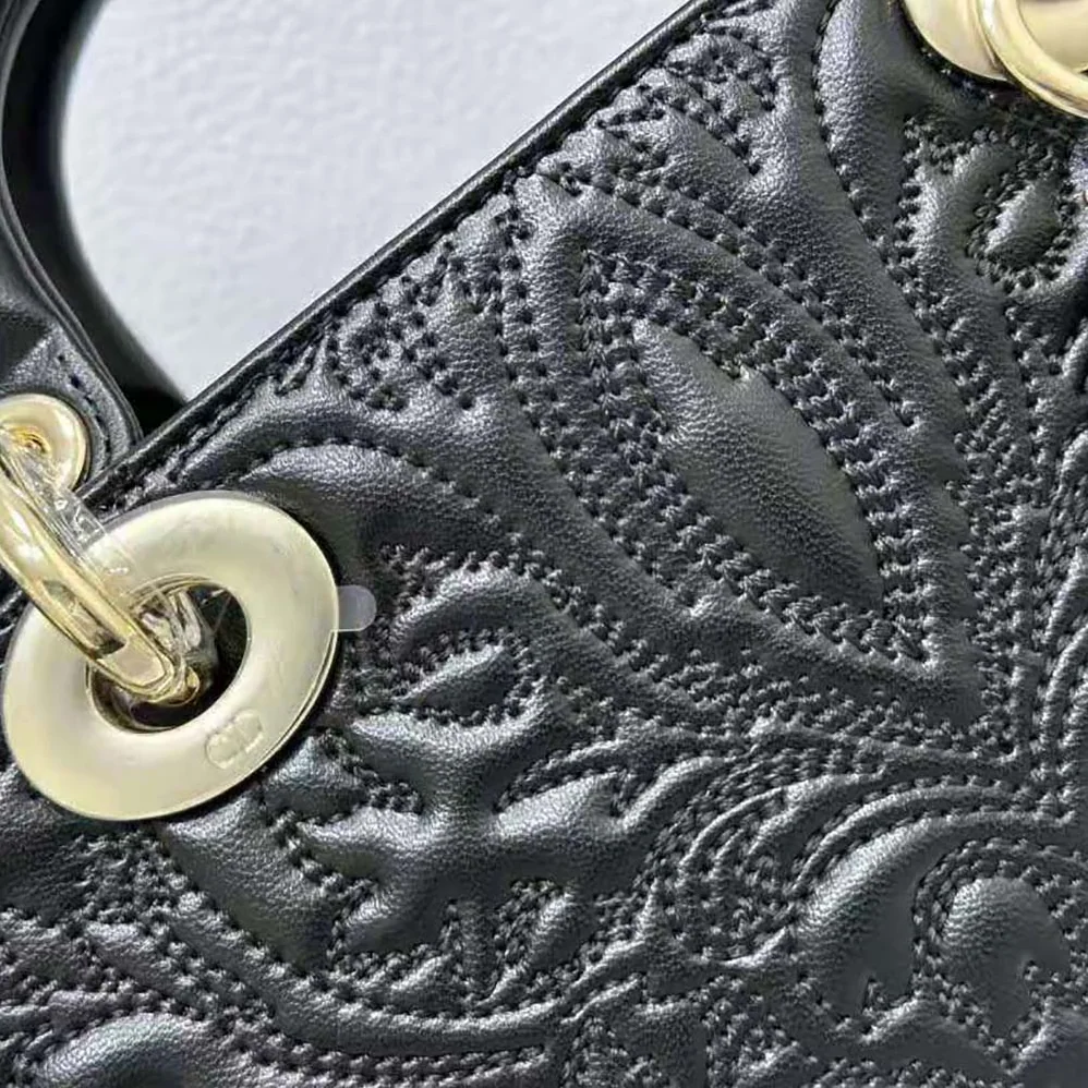 Dior Medium Lady D-joy Bag Black Quilted-Effect Lambskin with Ornamental Motif for Women
