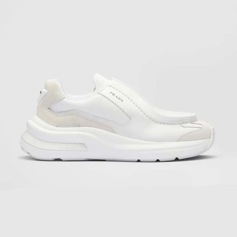 Prada Brushed Leather Sneakers with Bike Fabric and Suede Elements for Men in White Prada Brushed Leather Sneakers with Bike Fabric and Suede Elements for Men in White