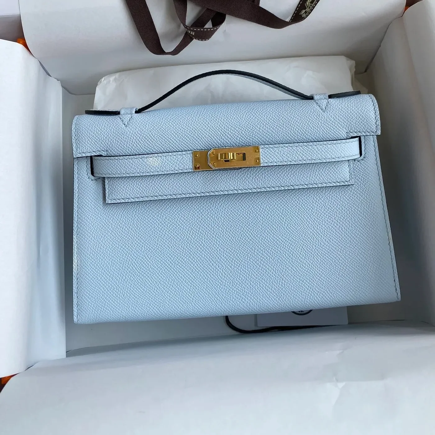 Hermes Kelly Pochette Top Handle Bag / Sky Blue Epsom Gold Hardware