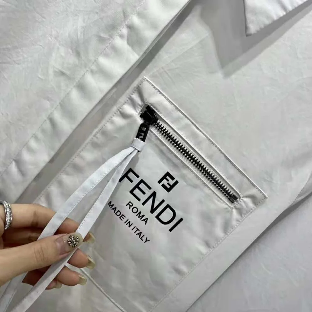 Fendi White Cotton Dress with Pointed Collar and Wide Elbow for Women in Length Sleeves