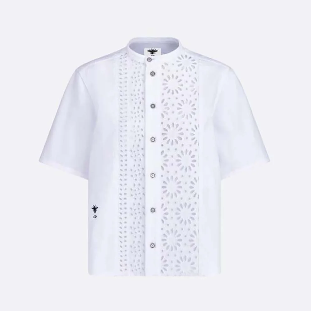 Dior Short Buttoned Blouse White Cotton Denim with Saint for Women in Gall Motif