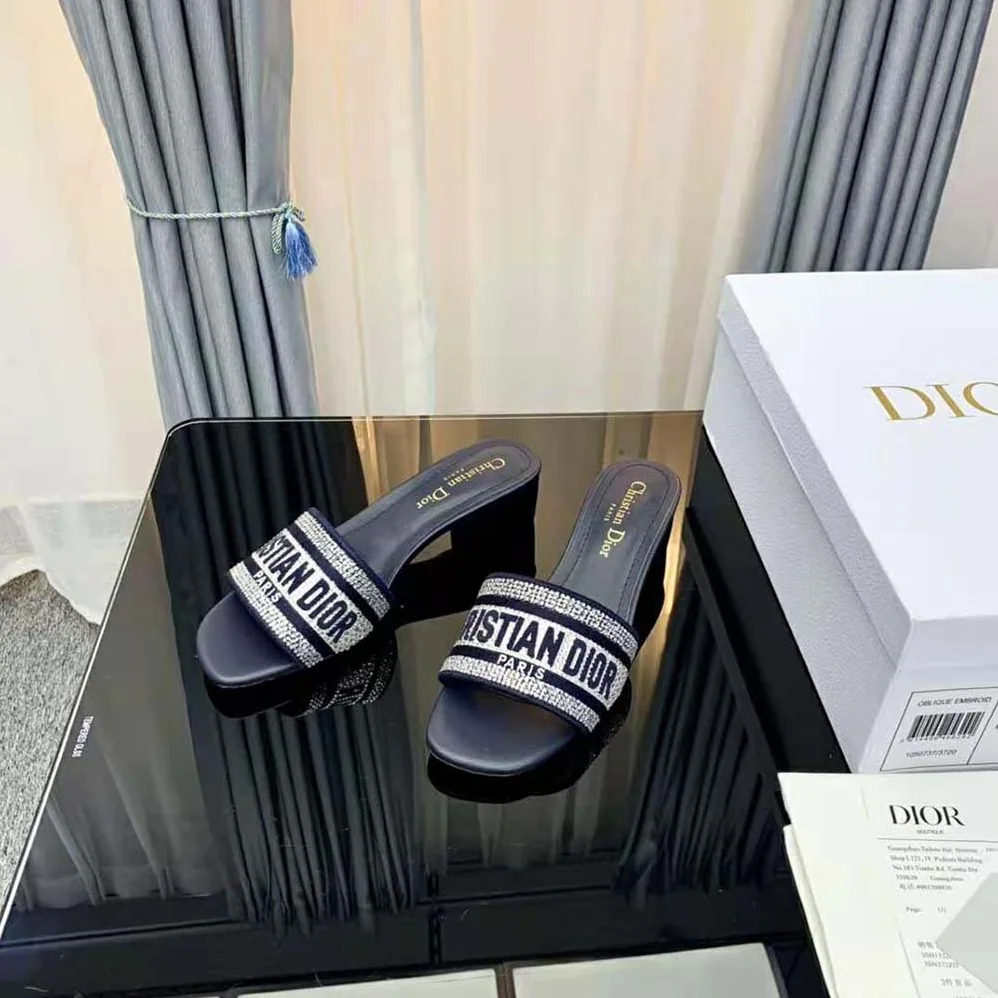 Dior Dway Heeled Slide Black Cotton Embroidered for Women Dior Dway Heeled Slide Black Cotton Embroidered for Women