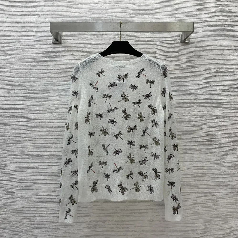 Dior Twinset White Mohair and Alpaca Blend Knit with Multicolor Dragonfly Motif for Women
