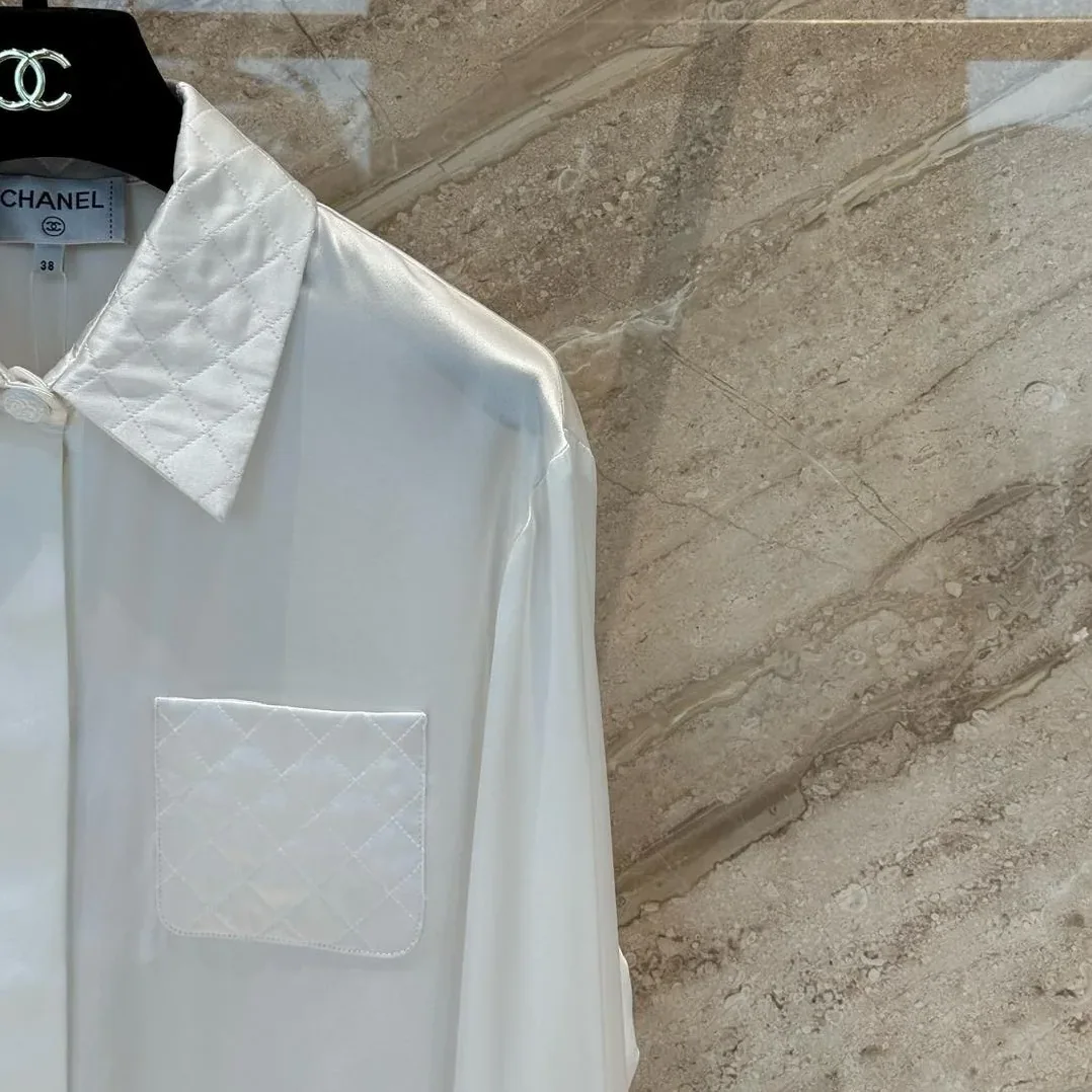 Chanel Quilted Button in Down Blouse Pearl White Chanel Quilted Button in Down Blouse Pearl White