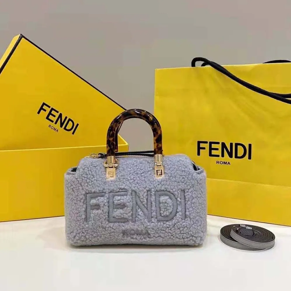 Fendi By The Way Mini Light Gray Sheepskin Small Boston Bag for Women Fendi By The Way Mini Light Gray Sheepskin Small Boston Bag for Women