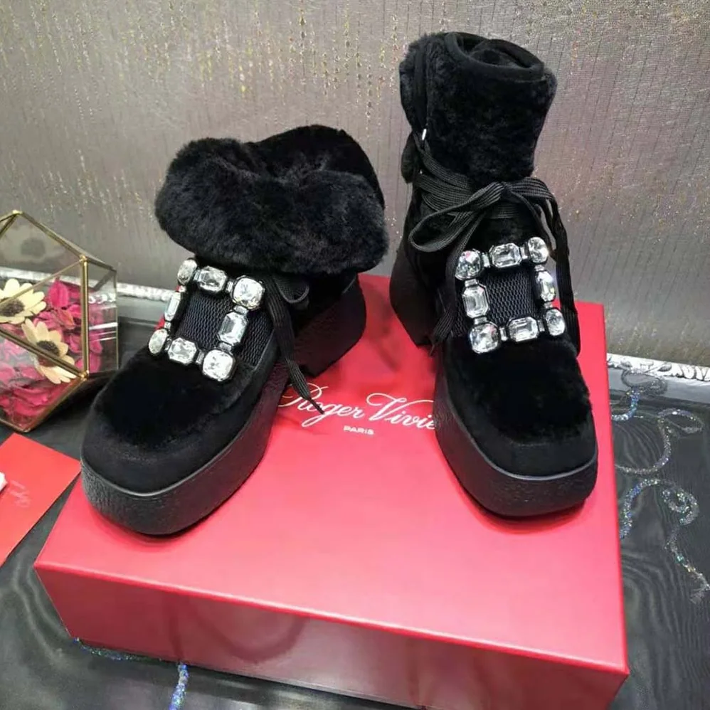 Roger Vivier Viv' Rangers Strass Buckle Flatform Booties in Suede for Women in Black Roger Vivier Viv' Rangers Strass Buckle Flatform Booties in Suede for Women in Black