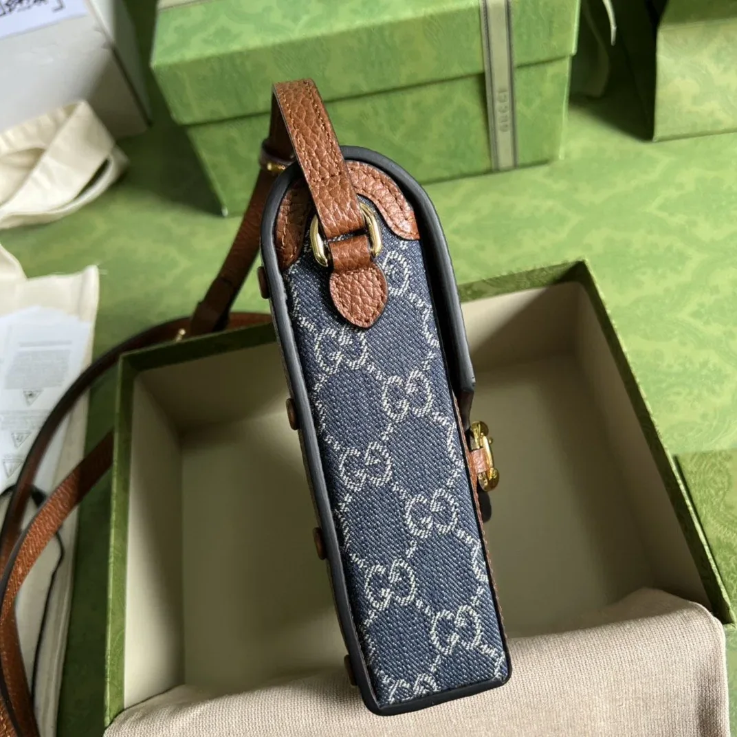 Gucci Horsebit 1955 Mini Bag Blue And Ivory GG Denim Jacquard /
