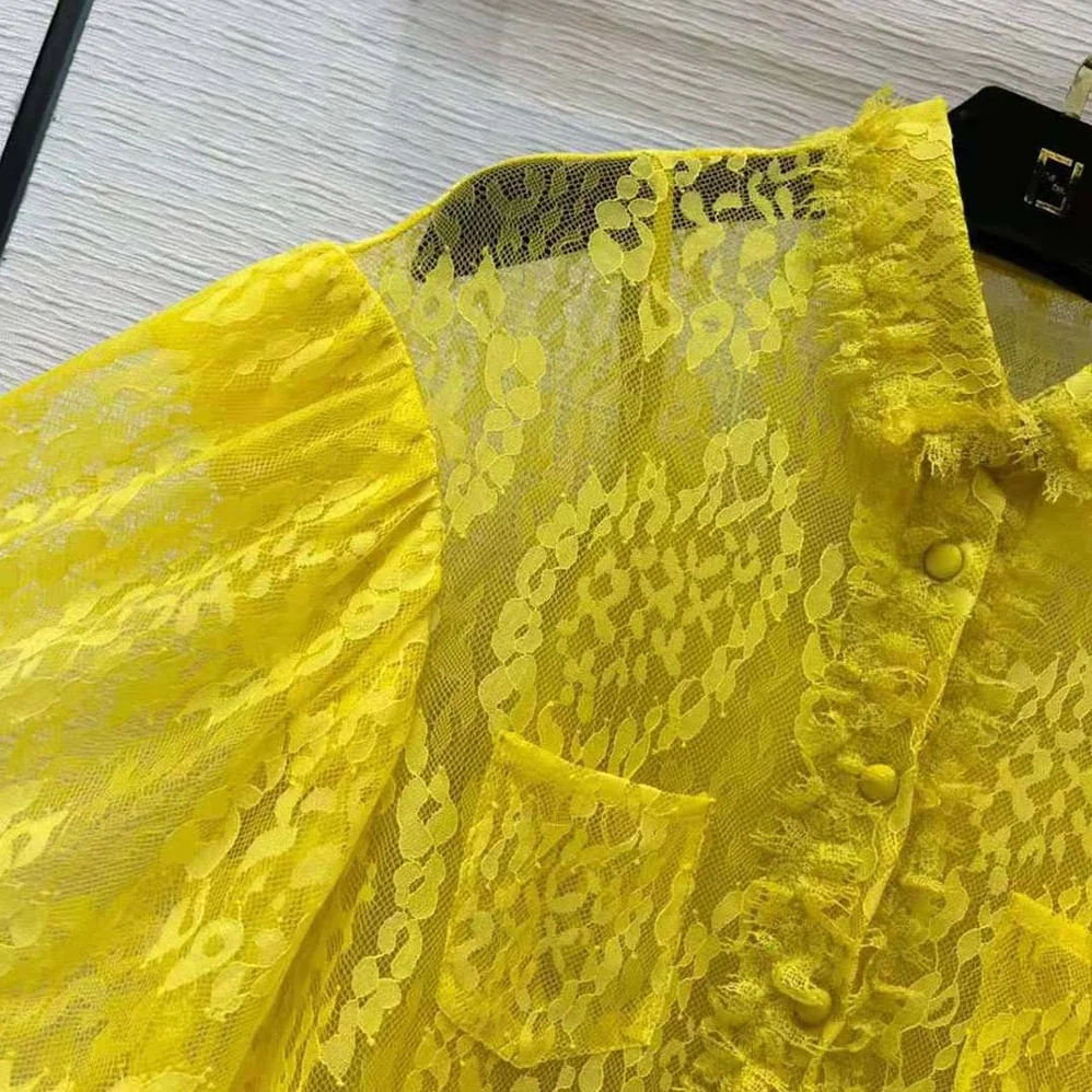 Fendi Yellow Lace Shirt with Wide Puff Sleeves for Women Fendi Yellow Lace Shirt with Wide Puff Sleeves for Women