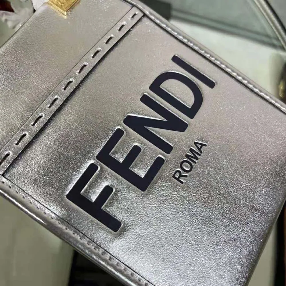Fendi Mini Sunshine Shopper Silver Laminated Leather Shopper for Women Fendi Mini Sunshine Shopper Silver Laminated Leather Shopper for Women