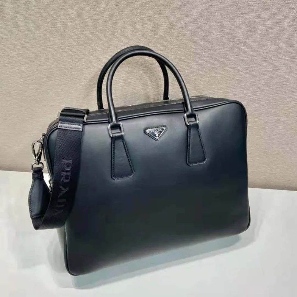 Prada Leather Briefcase with Enameled Metal Triangle Logo for Men Prada Leather Briefcase with Enameled Metal Triangle Logo for Men