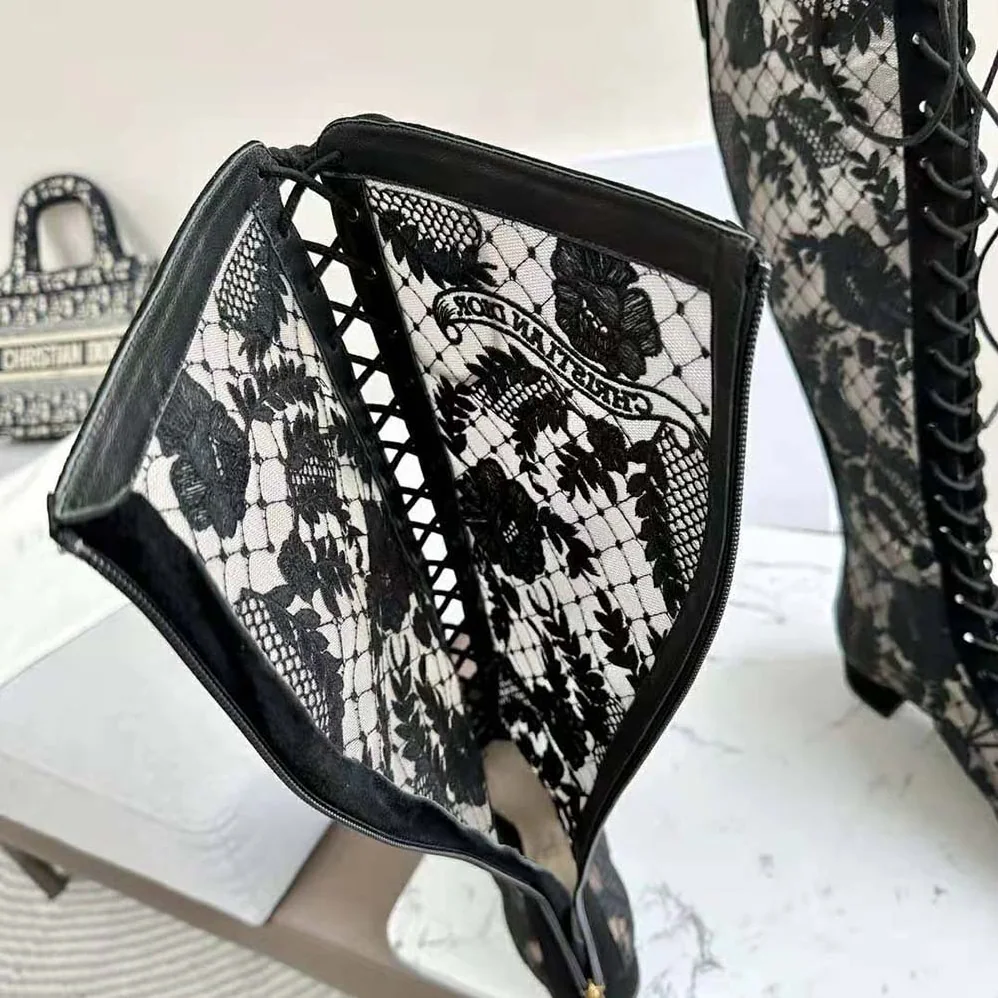 Dior Naughtily-d Ankle Boot Black Transparent Mesh and Suede Embroidered with Dior Roses Motif for Women Dior Naughtily-d Ankle Boot Black Transparent Mesh and Suede Embroidered with Dior Roses Motif for Women